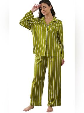 Olive Green Print Pajama Set 2 Piece: Button Down Shirt and Pants long sleeve